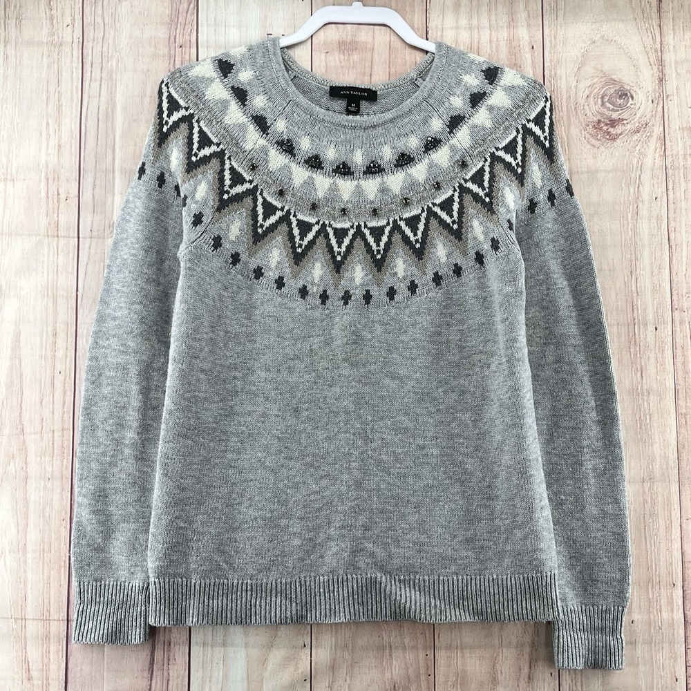 Ann Taylor‎ Women's Fair Isle Nordic Wool Blend Sweater Sz M Gray Embellished